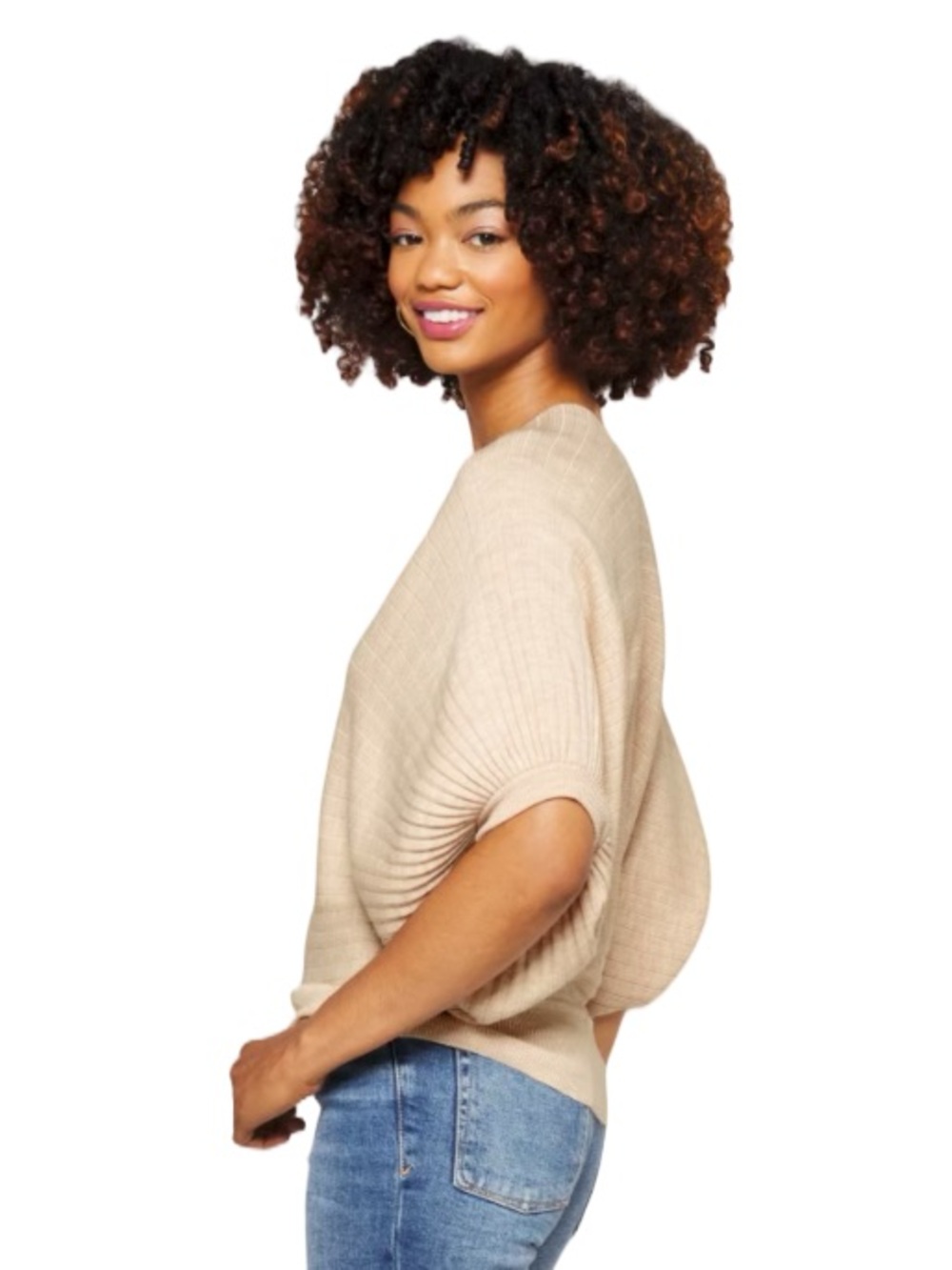 Club Monaco Beige Batwing V-Neck Sweater - Picture 3 of 9